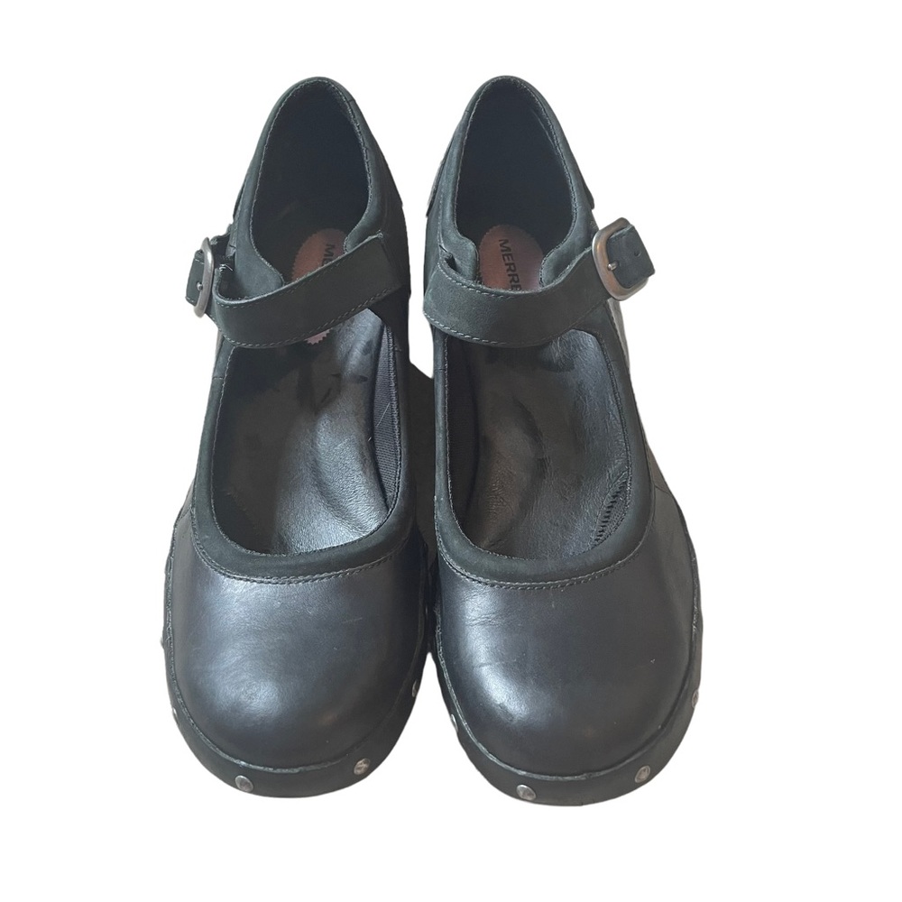 Merrell Black Mary Jane Clog Heels with Silver Buckle - Picture 2 of 12